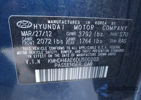 2013 Hyundai Elantra Gls/Limited from USA, damaged, VIN KMHDH4AE6DU500203